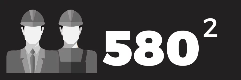 Illustration of two construction workers, one in a suit and helmet, and the other in overalls and helmet, with the large number 580 on the right side against a black background.